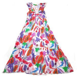 NWT Oliphant Ruffle V-Neck Maxi in Papaya Orange Red Cotton Silk Dress M